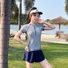 Womens Modest Two-Piece Swim Set With Short Sleeve Top Boxer-Style Bottoms Light Striped Design Swimming Fitness Running
