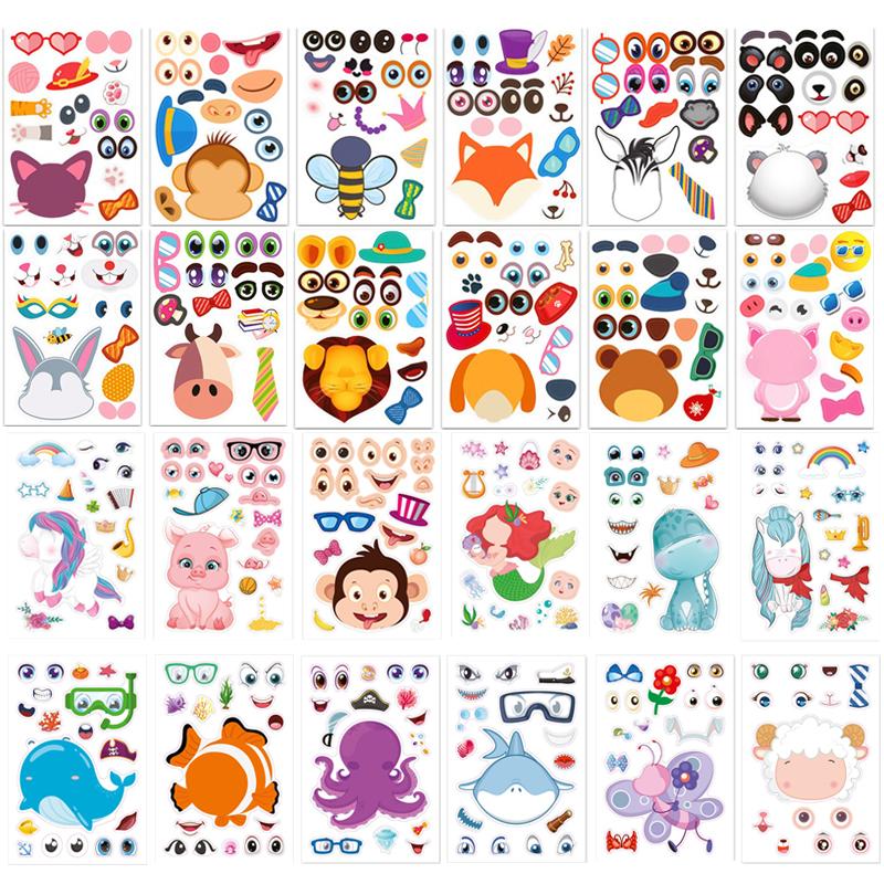 

24Sheet/Set Cartoon Animal Face Assemble Jigsaw Sticker Adhesive Changeable Face Animal Mermaid Reward Sticker Gift Boy Girl ZYF