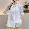 Women's Point Collar Long Sleeve Water Drop Embroidery Loose Fit Casual Cotton Shirt Blouse