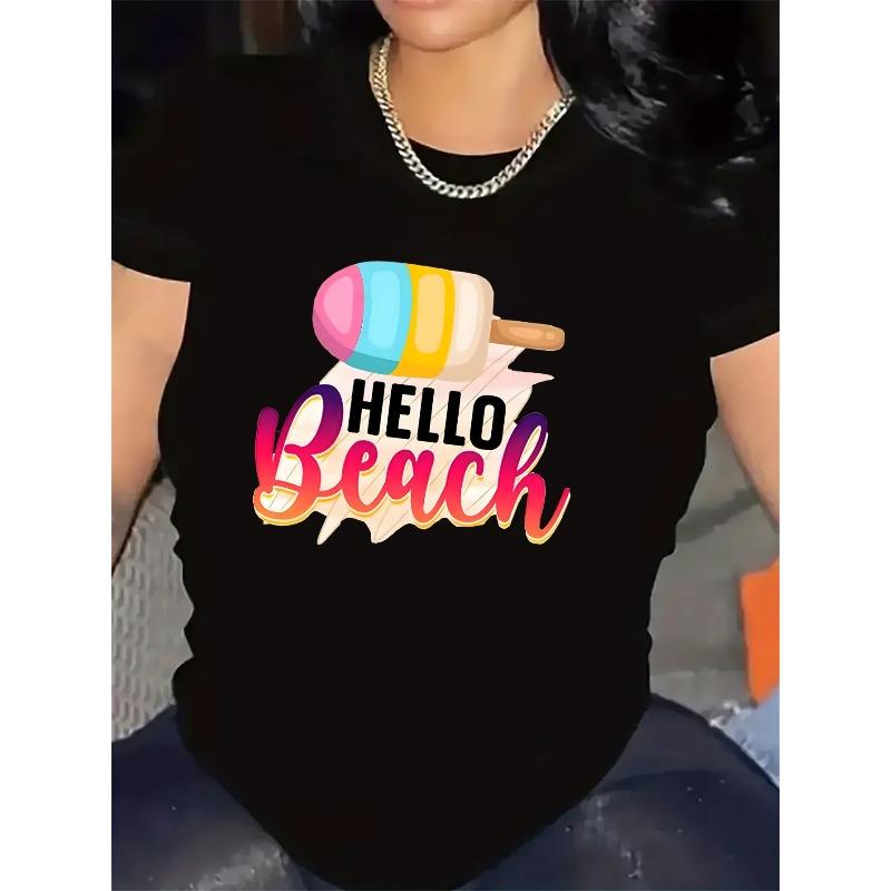 Colorful Ice Cream Hello Beach Print Cotton Short Sleeve Summer Tee