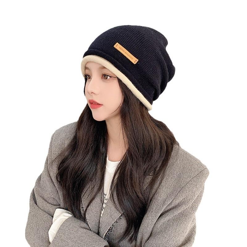 Curled Edge Fashionable Knitted Pullover Hat for Women Ear Protection Outdoor Confinement Warm Color Matching Toe Cap  Wool Pile Hat for Men