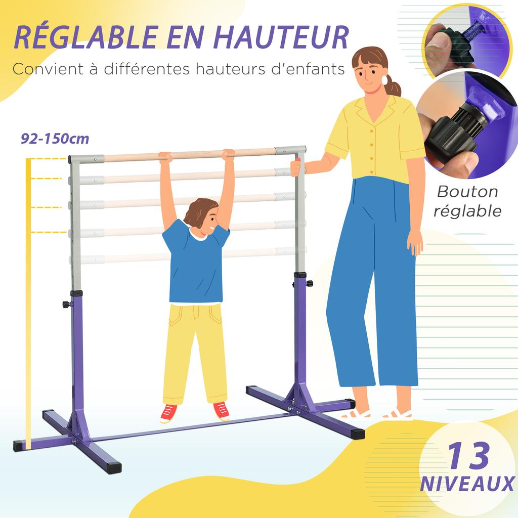 Height Adjustable Gymnastics Horizontal Bar for Kids, Children Junior Kip High Bar Fitness, Purple