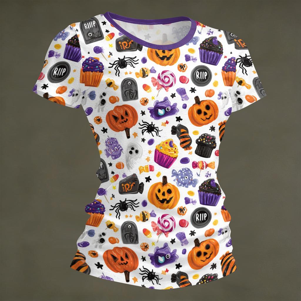 Damen Halloween Print Kurzarm Hals Locker Sitzendes T-Shirt für Party Freizeitkleidung