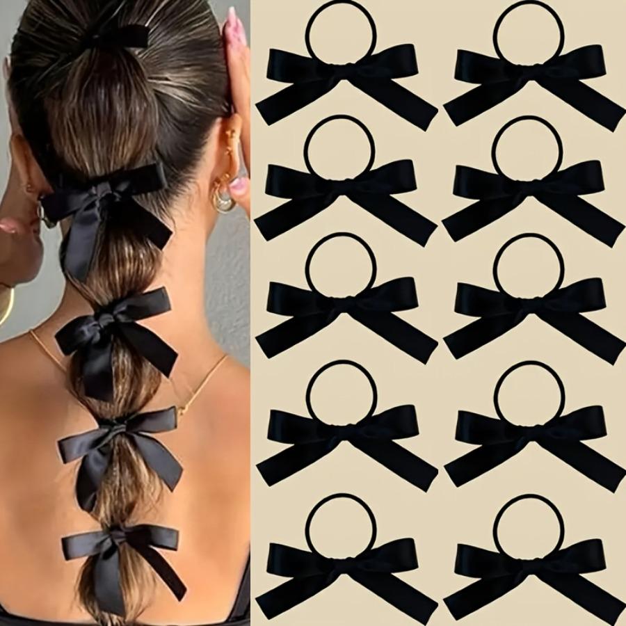 10 Black Ribbon Hair Ties with Bows for Women