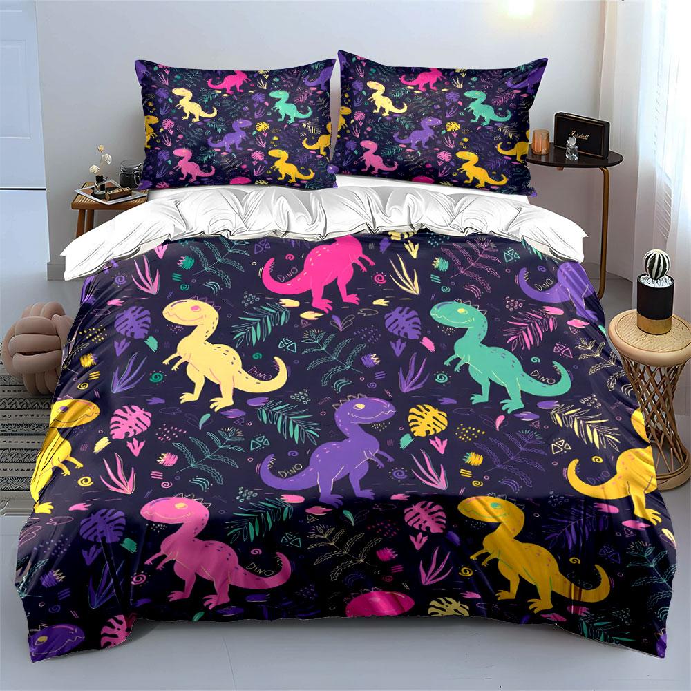 Buntes Dinosaurier-Muster Set Bettwäsche Bettbezug-Set (1*Bettbezug 2*Kissenbezüge, ohne Bettdecke)