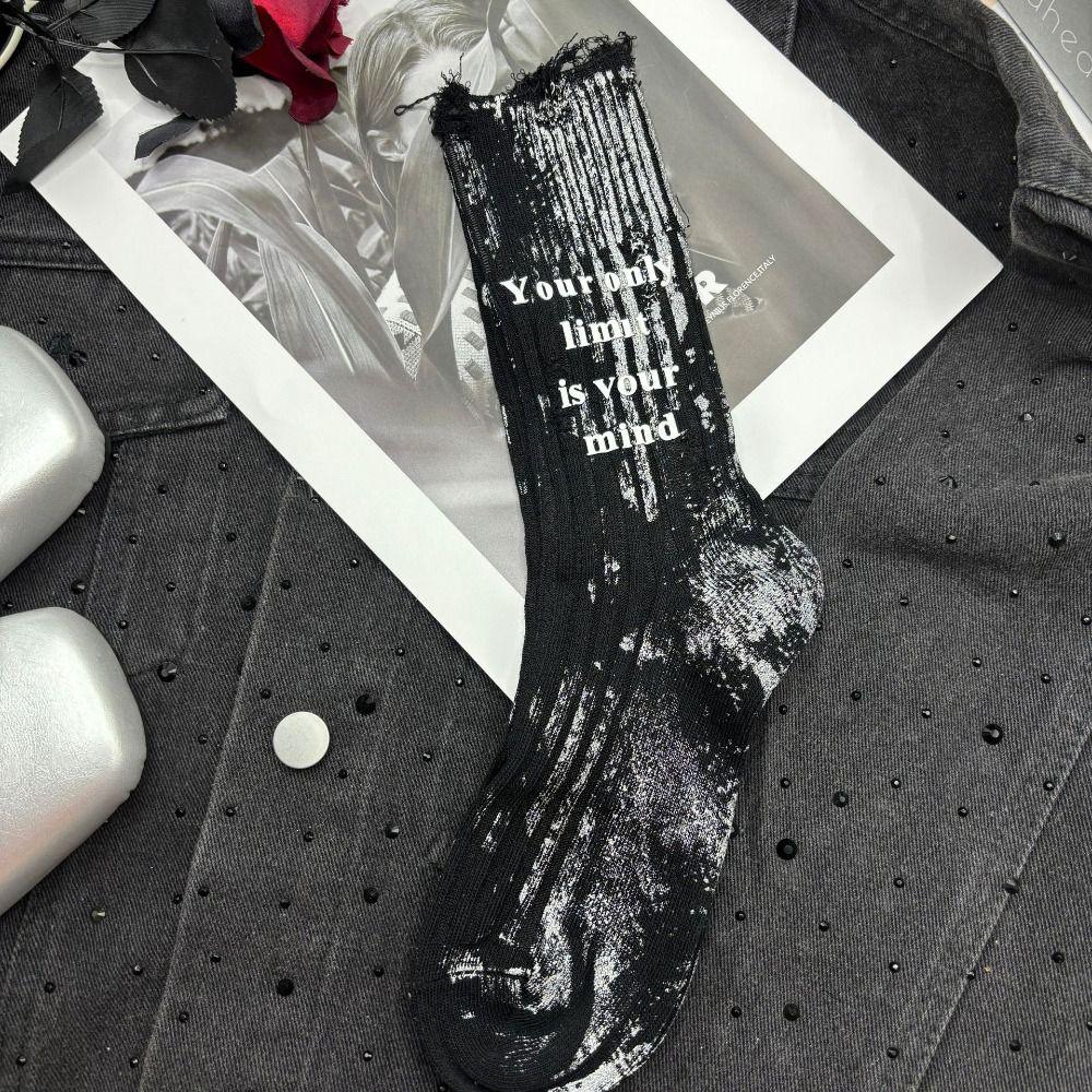 Stripe Mid Tube Socks Unique Letter Personality Mid-Calf Socks Soft Ripped Hollow Socks  For Women