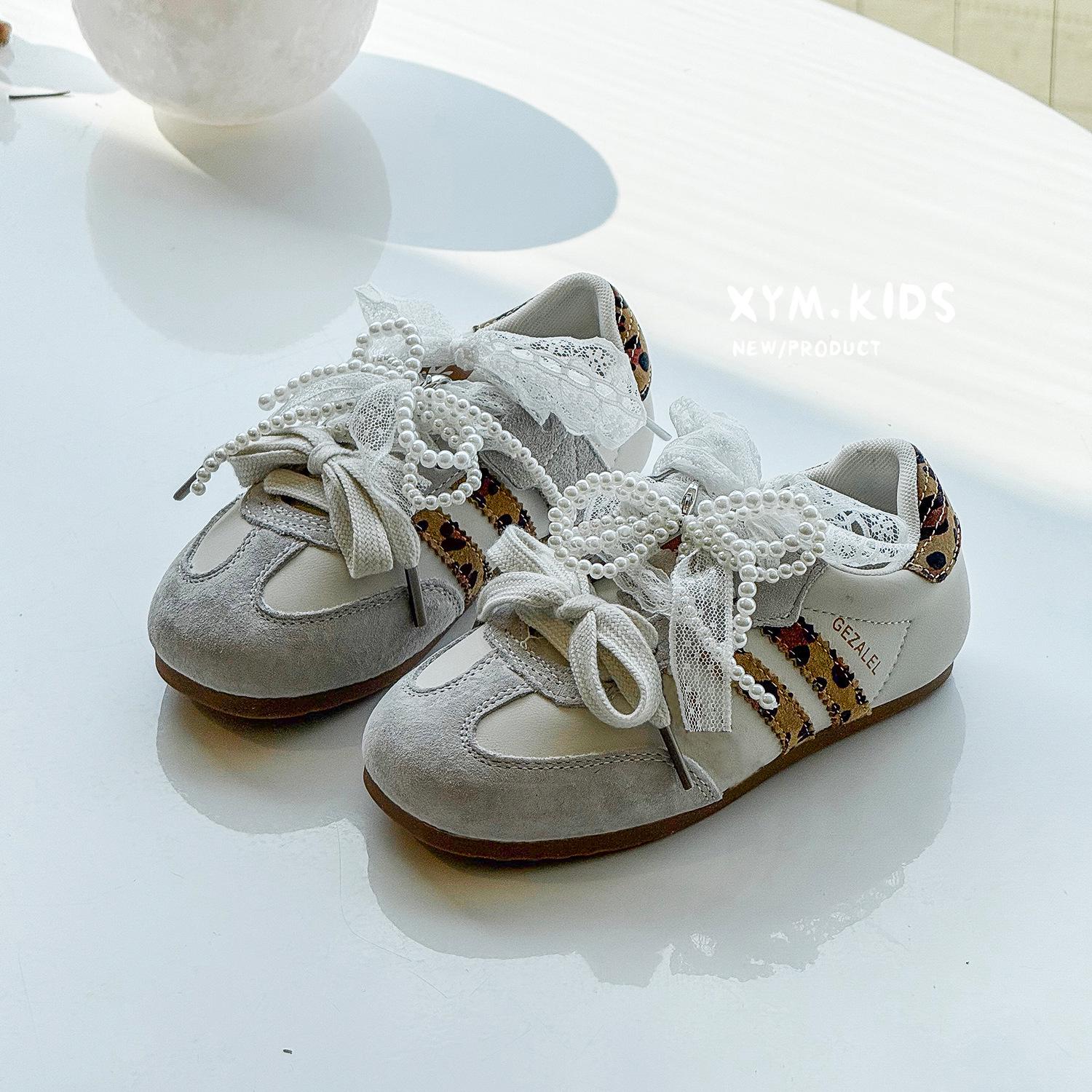 Spring 2026 Girls  Fashion Lace Pearl Bow Sneakers Size 27 цветной печати леопарда