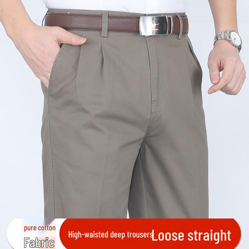 Men's Pure Cotton Double-Pleat Casual Pants - High Waist, Wide Leg, Non-Iron, Summer-Weight for Middle-Aged and Elderly.