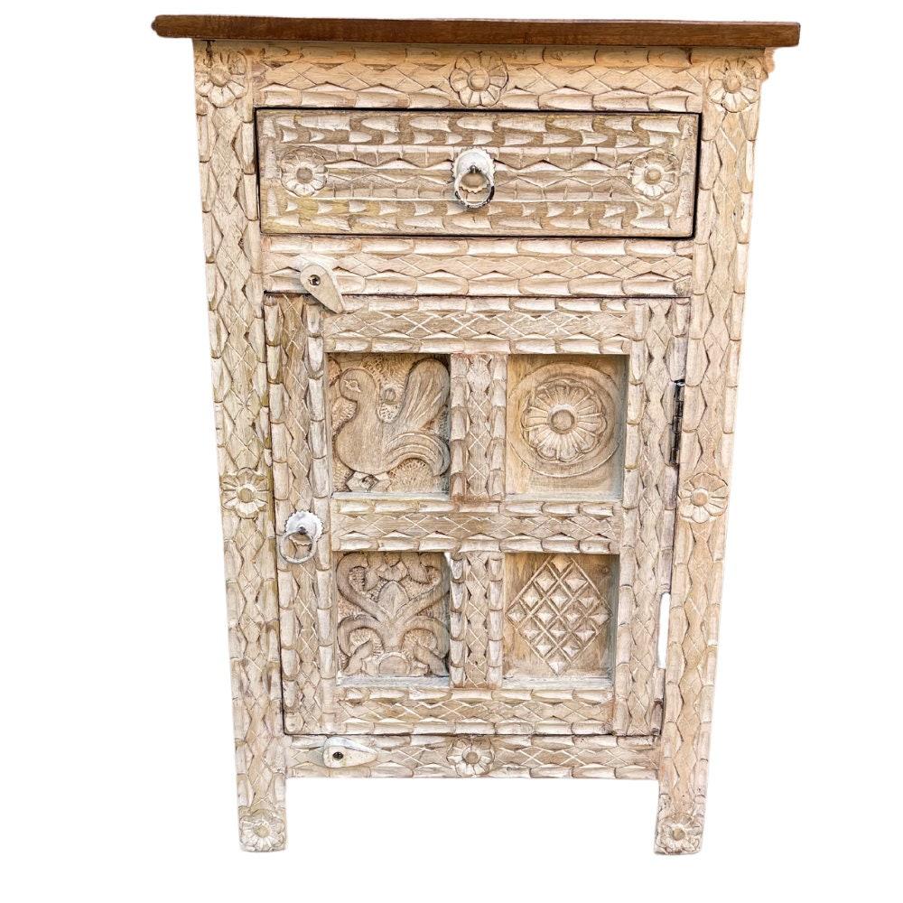 Wood Carved Side Cabinet Bedside Storage With Desk Drawer,Living Room End Table Furniture-Sideboard Drawer-Wood Cupboard Nightstand