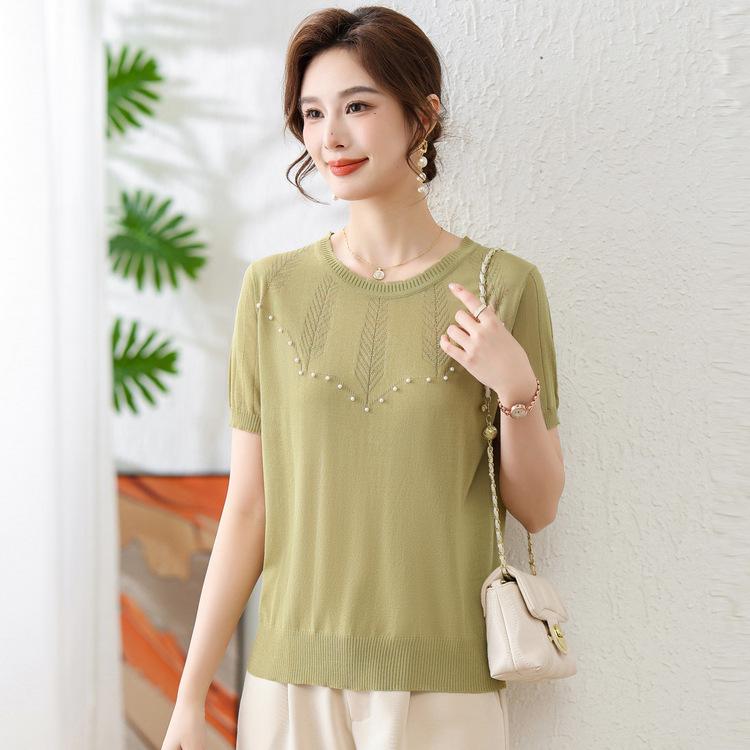 Mom's Summer Short-sleeved Knitted Jacket New Thin Ice Silk T-shirt for Middle-aged and Elderly Women with Foreign Style On Mother's Day