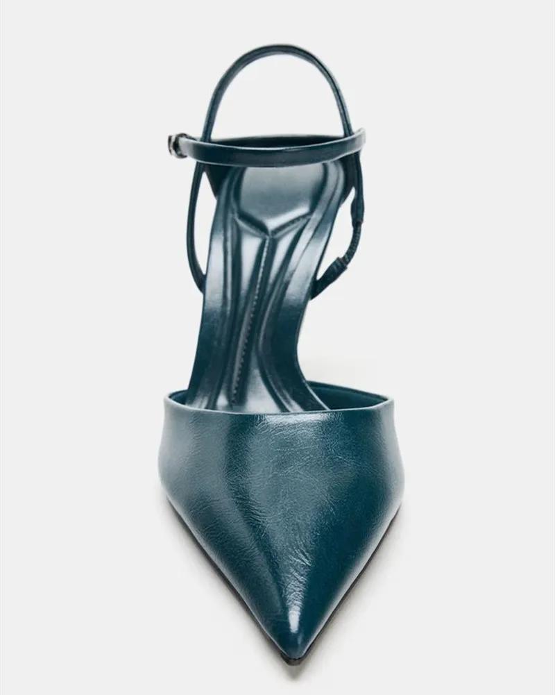 Novinka Tmavě modré Lakované Vysoké Podpatky Dámské Módní Špičatá Špička Kotníková Přezka Stiletto Sandály Luxusní Designové Společenské Boty
