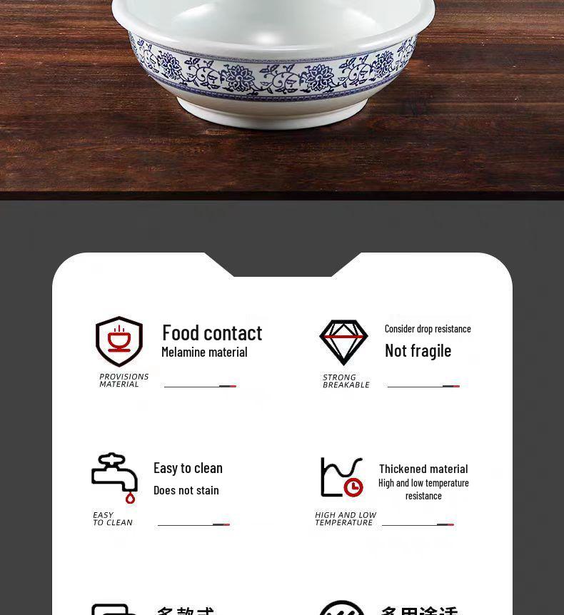 Blue & White Melamine Soup Bowl - Commercial Porcelain Imitation, Large Plastic Basin for Hotels & Restaurants