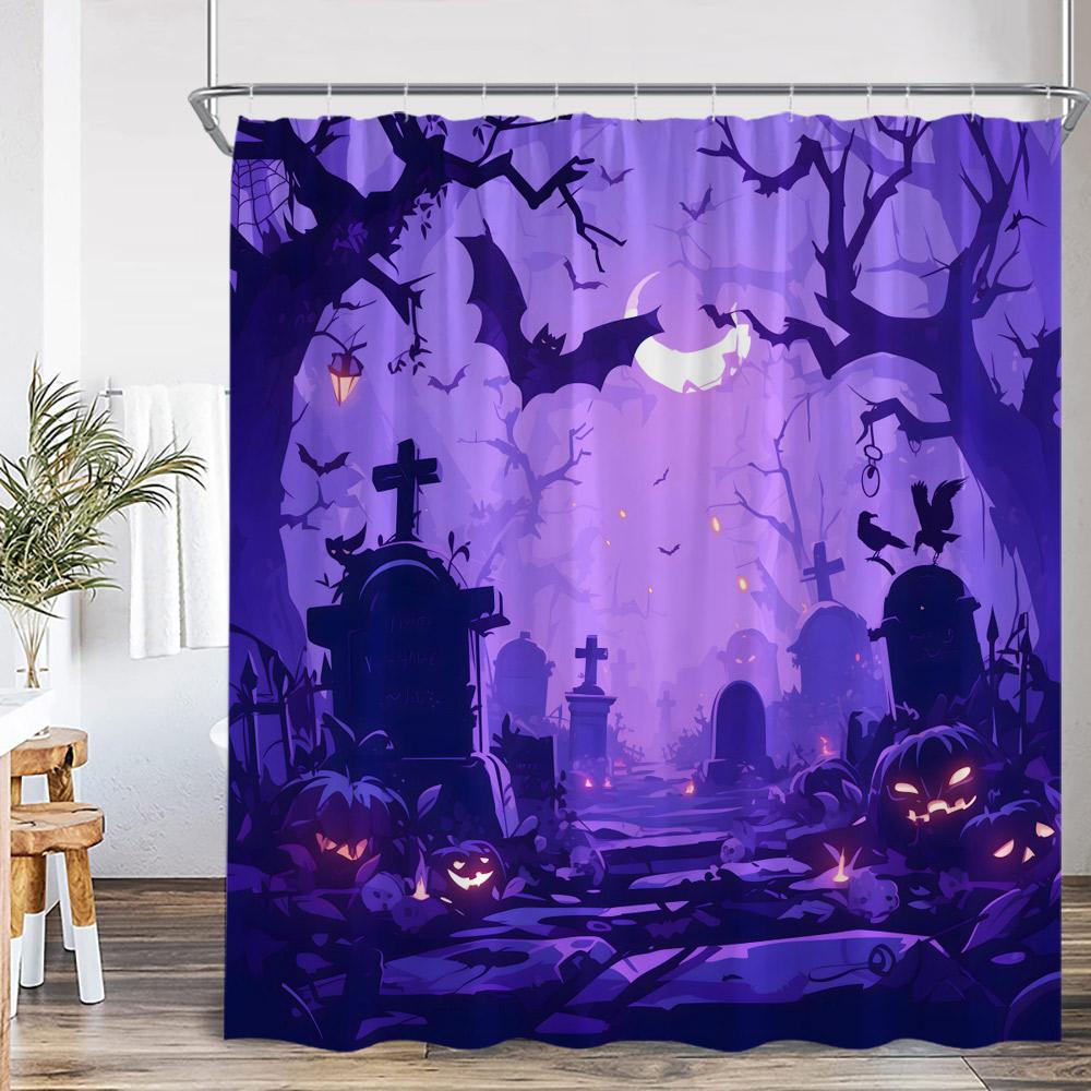 Haunted House Halloween Shower Curtain Full Moon Night Graveyard Pumpkin Lantern Gothic Castle Bathroom Decor Retro Bath Curtain