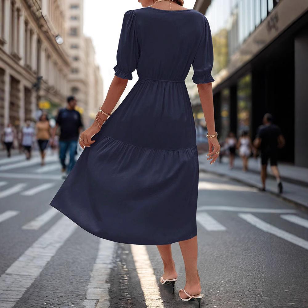 Amazon Independent Station Foreign Trade New European and American Summer Women's Clothing Cross-border Waist V-Neck Solid Color Dress Women