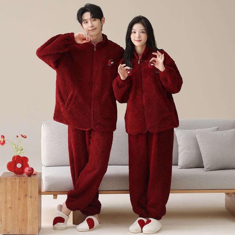 Pajamas Wedding Newlywed Couple Suit Autumn And Winter Coral Fleece Thickened Warm Natal Year Wedding Red Loungewear