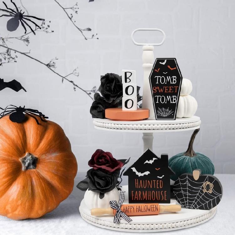 Halloween Tiered Tray Decor Wood Sign Holiday Party Decoration