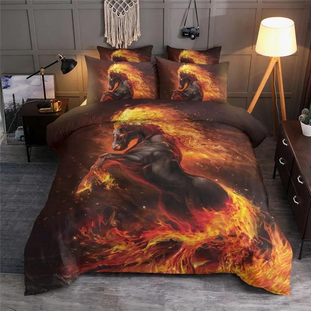 Ice And Fire Riding Horse Duvet Cover Set King SizeFlame Horsing Bedding SetWestern Cowboy Exotic Farmhouse Comforter Cover
