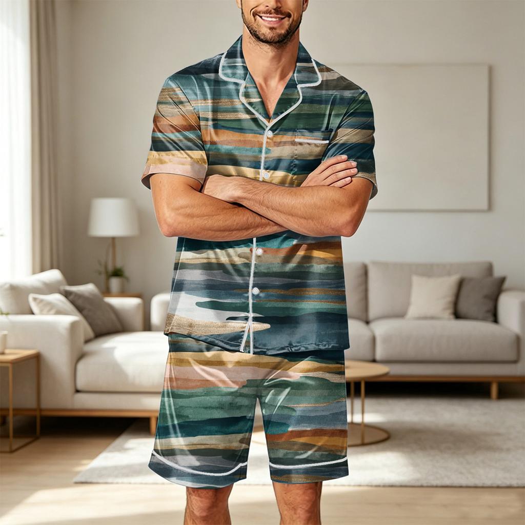 Men Satin Short Sleeve Pajama Set Two Piece Sleepwear with Shorts and Pockets Lightweight Comfortable Lounge Wear