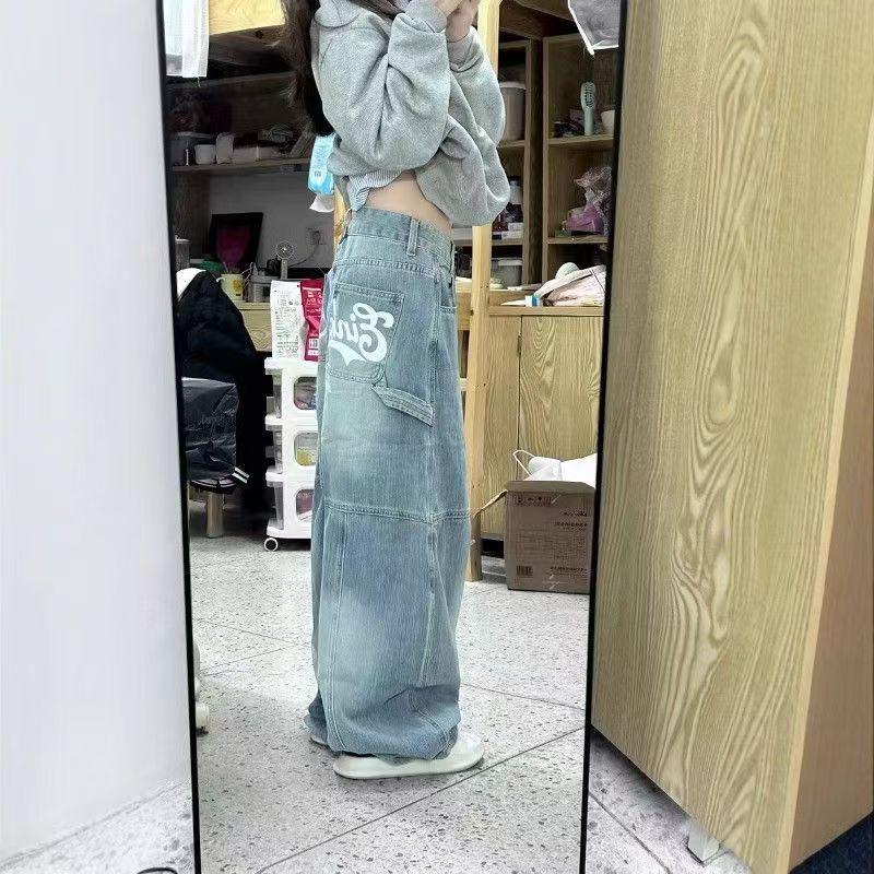 Damen 2025 Lässige gewaschene Cargojeans mit weitem Bein: Amerikanische Frühling & Herbst Kollektion