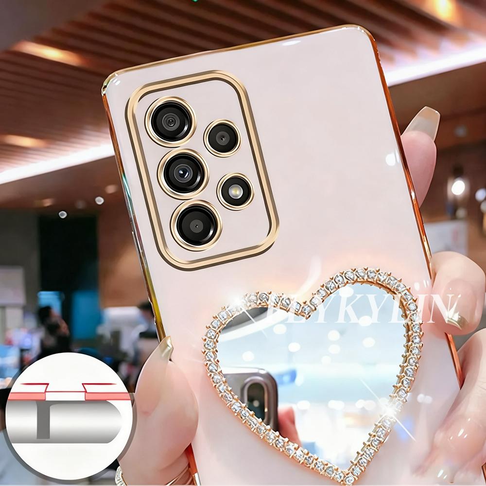 For Samsung A53 A33 A13 A14 A54 A04 A34 A24 A05 A35 A55 A25 A15 Love Mirror With Crystal Chain Electroplated Soft Shell