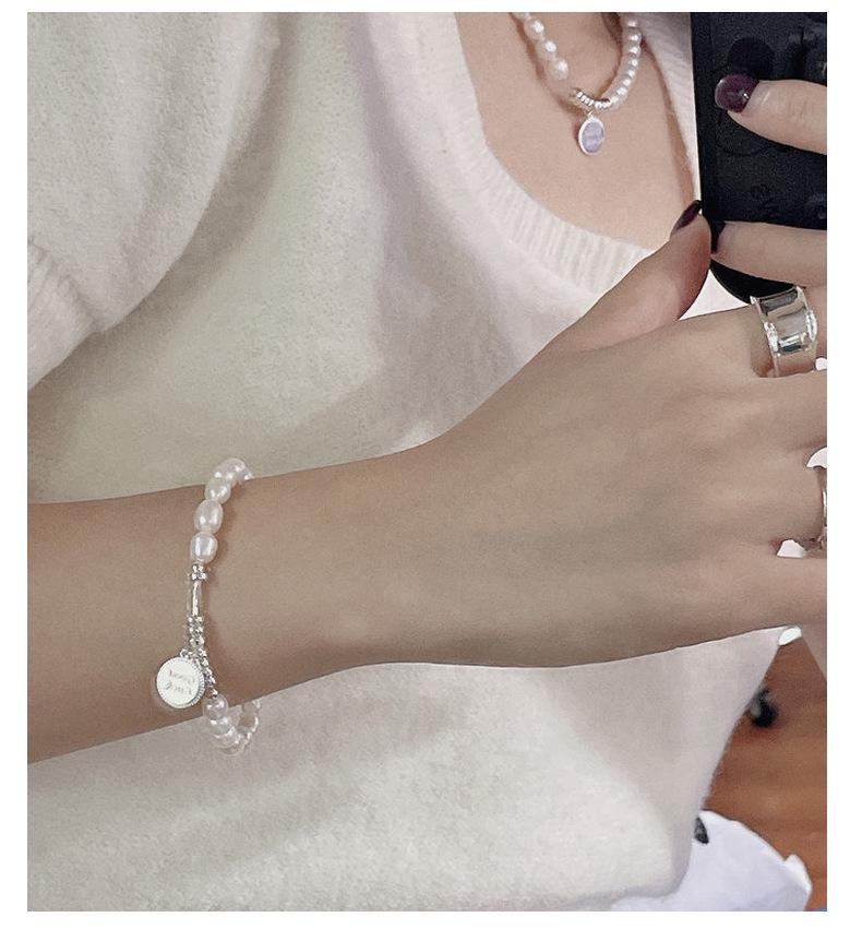 S925 Sterling Silver Freshwater Pearl Retro Handmade Good Luck Necklace & Bracelet Set - Fashionable Simple Clavicle Chain