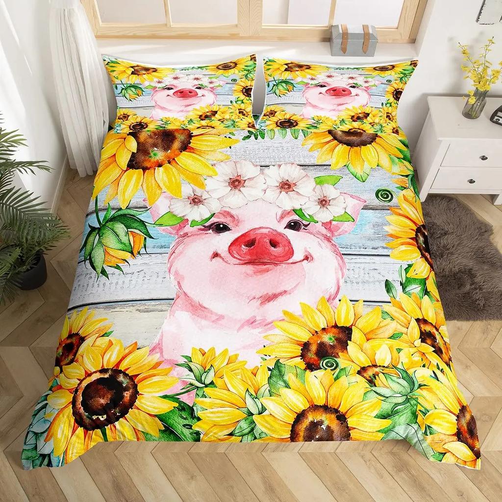 Cute Pig Duvet Cover Set For GirlsSunflowers Florals Comforter Cover Pink Grid Lattice Plaid Bedding Sets Quilt Cover Full Size
