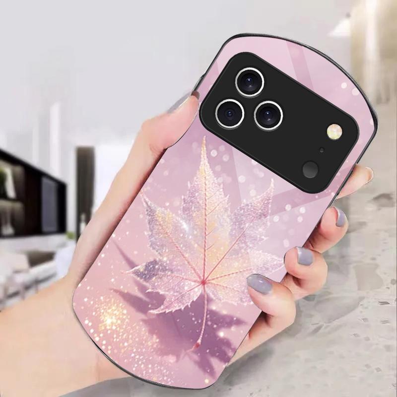 Green Maple Leaf Texture For iPhone 17 16 15 14 Pro 13 Plus 12 mini 11 Pro Max XR X S 7 8 Elliptical Tempered Glass Phone Case