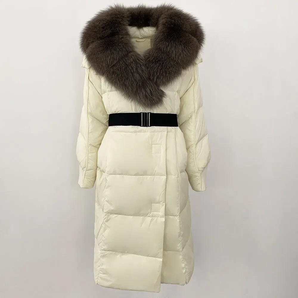 OFTBUY Winter Jacket Women Long Natural Real Raccoon Fox Fur Collar White Duck Down Coat Belt Thick Warm Casual Outerwear