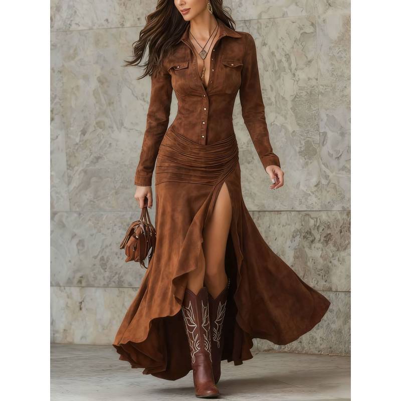 English Dress Long Sleeve Round Neck Zip Back Asymmetrical Hem For Casual Autumn