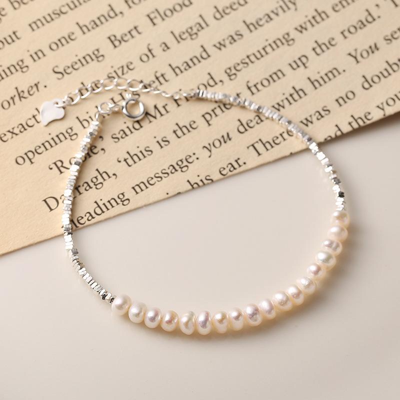 Korean Design Genuine 925 Sterling Silver Geometric Silver Beads Bracelets Strand Freshwater Pearl Quality Women Beaded Bracelet