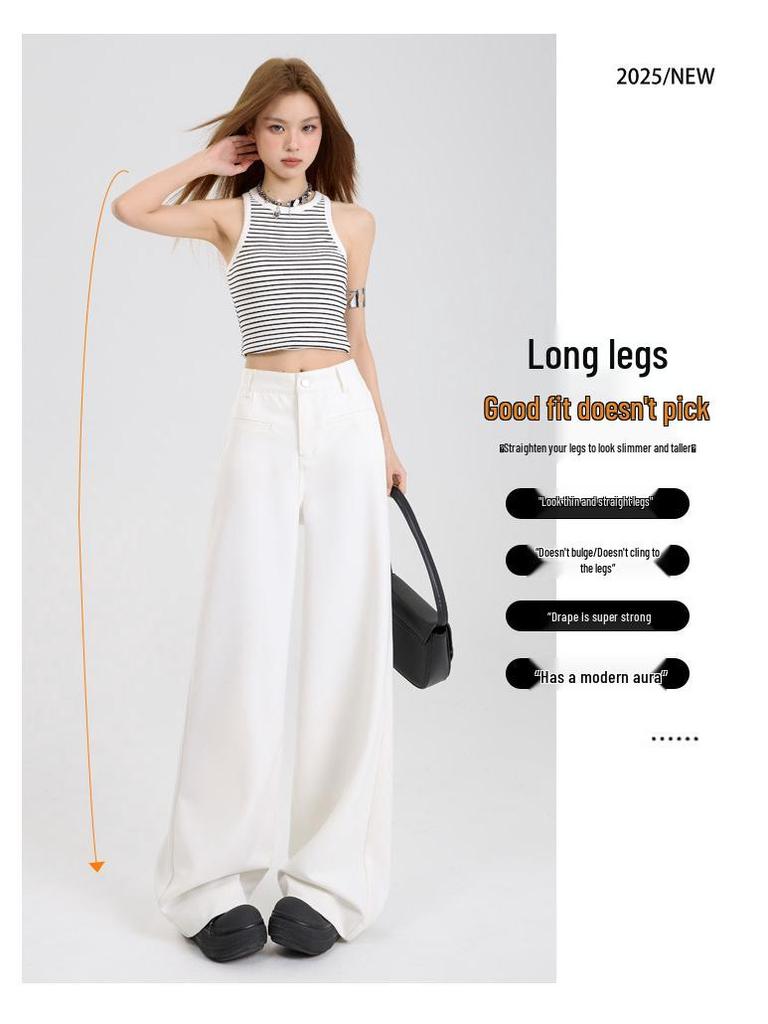 Women's Autumn 2025 Casual White Wide-Leg Pants: High-Waist, Loose, Slimming, Drapey, Floor-Length