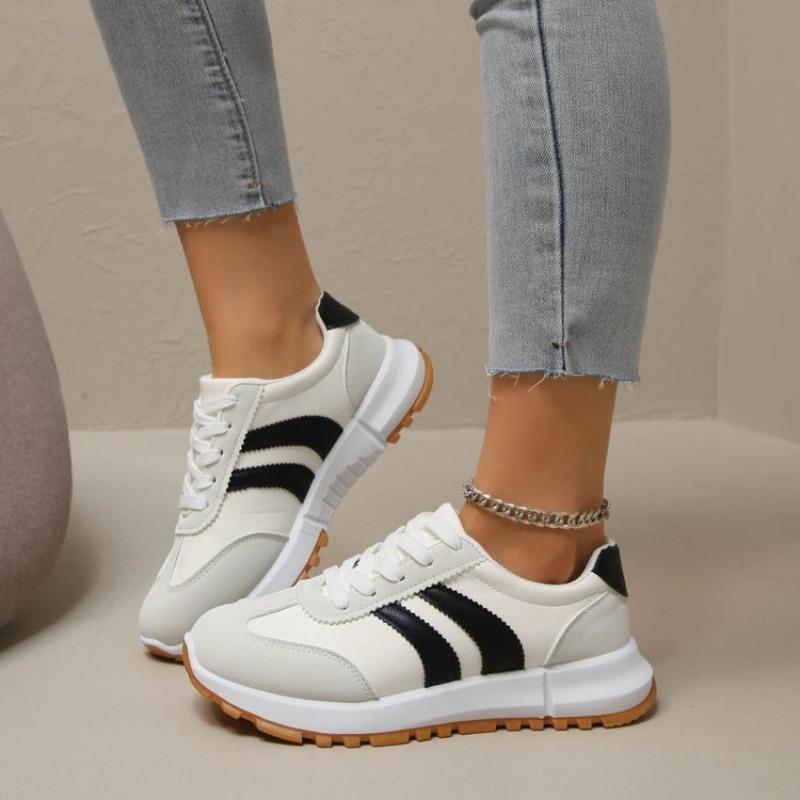Women's Plus Size Round Toe Color Block Stripe Lace Up Casual Sneakers Autumn New Shoes