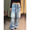 American Vintage Loose Fit Fake Two Piece Layered Jeans Women Fashion Denim Pants Wide Leg Trousers Streetwear