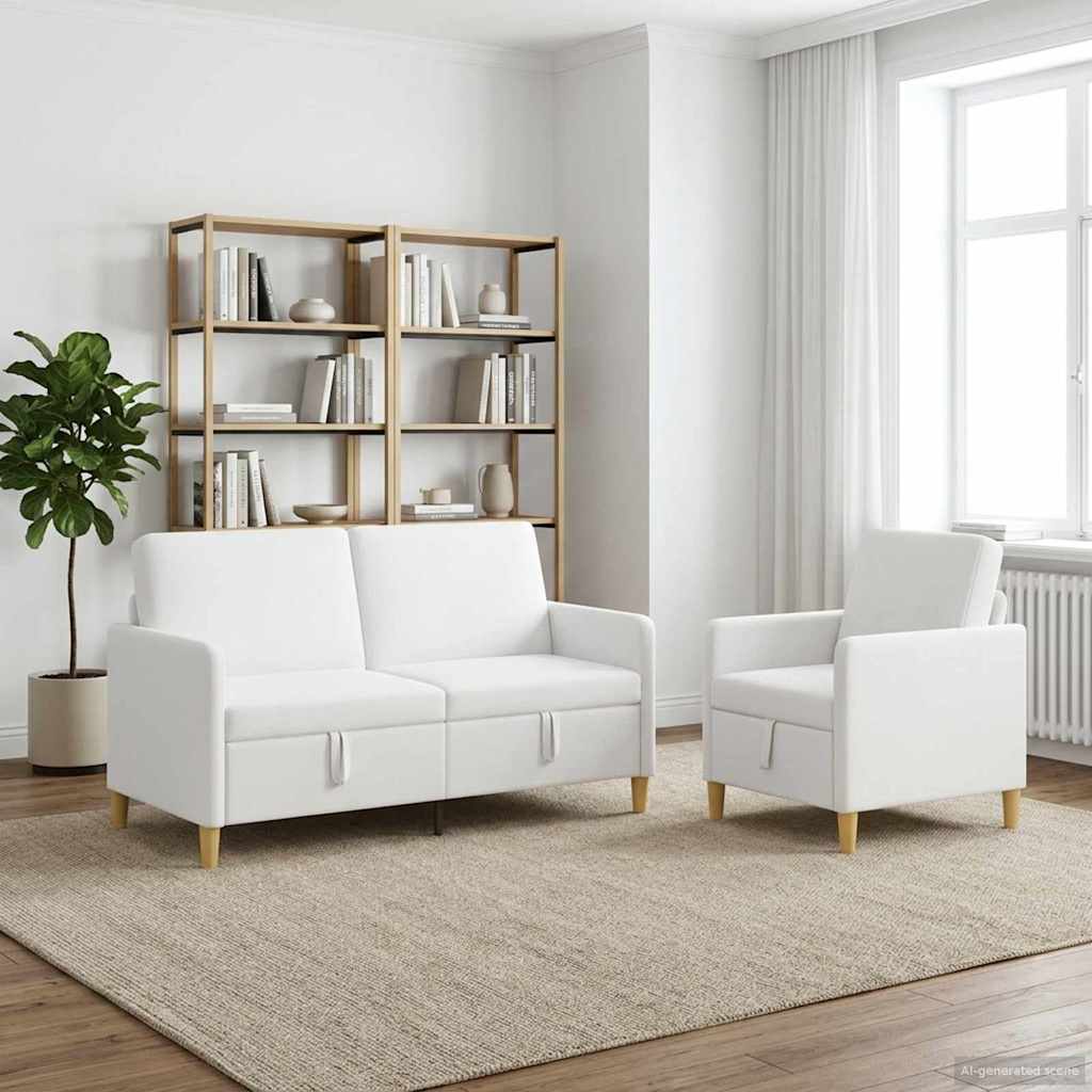 2 Piece Storage Sofa Set White Polyester