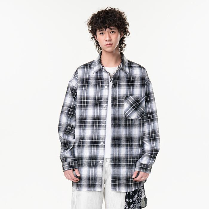 New Japanese Mid-length Shirt for Spring for Men's Fashion Trend Casual Plaid Shirt