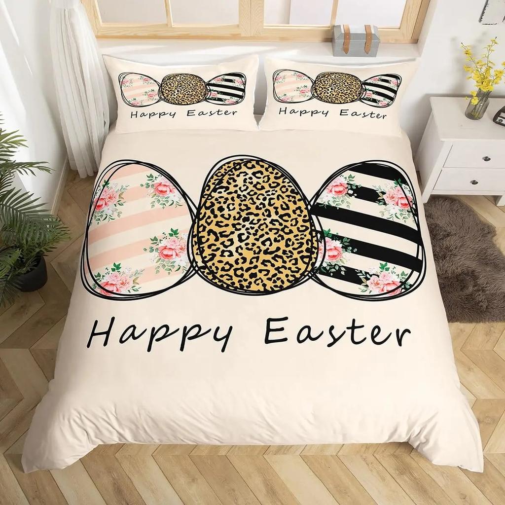 Oster-Eier Bettbezug Jungen Mädchen Cartoon Bunt Ei-Thema Bettwäsche-Set Frohe Ostern Bettdeckenbezug Floral Blume Steppdeckenbezug