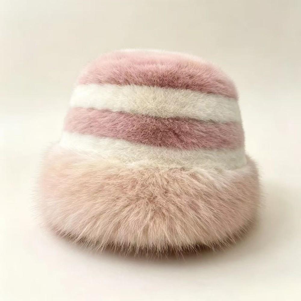 Wide Brim Fur Bucket Hat Faux Fur Striped Fisherman Cap Fashion Plush Hat Winter