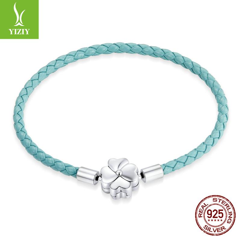 Gradual Change Four-Leaf Clover Leather Base Bracelet, Fashionable Diy925 Sterling Silver Woven Lucky Bracelet