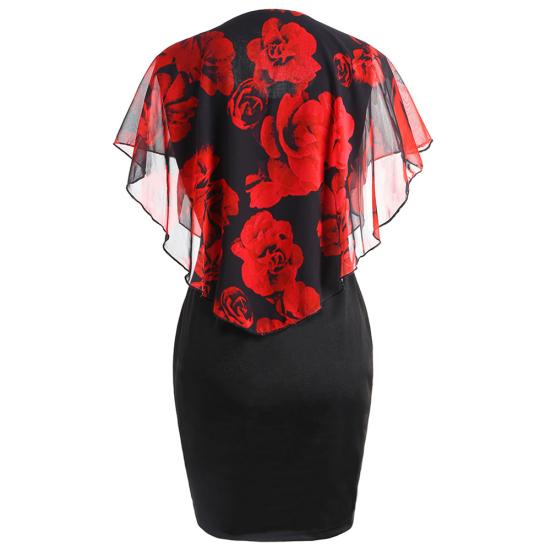 Plus Size Elegant Office Lady Rose Flower Print Cape Bodycon Knee Length Dress