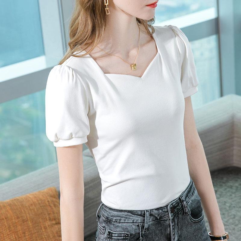 Short-sleeved T-shirt for Womens Summer Latest Womens Classic Style Clavicle Square Collar Single Color Cotton T-shirt French Puff Sleeve Top