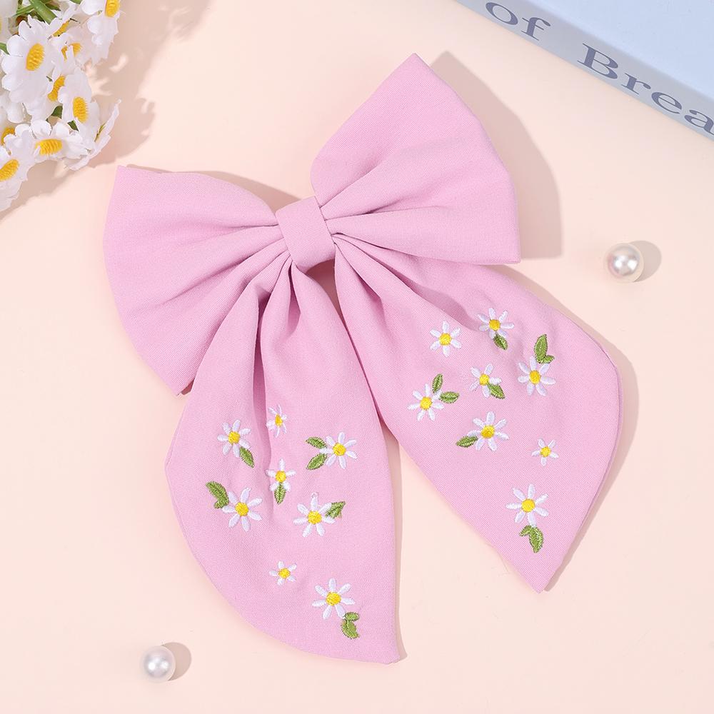 Flower Bow Hair Clips Sweet Pink Bee Floral Handmade Embroidery Bownot Barrette For Girls Children Daliy Heawear Accessories