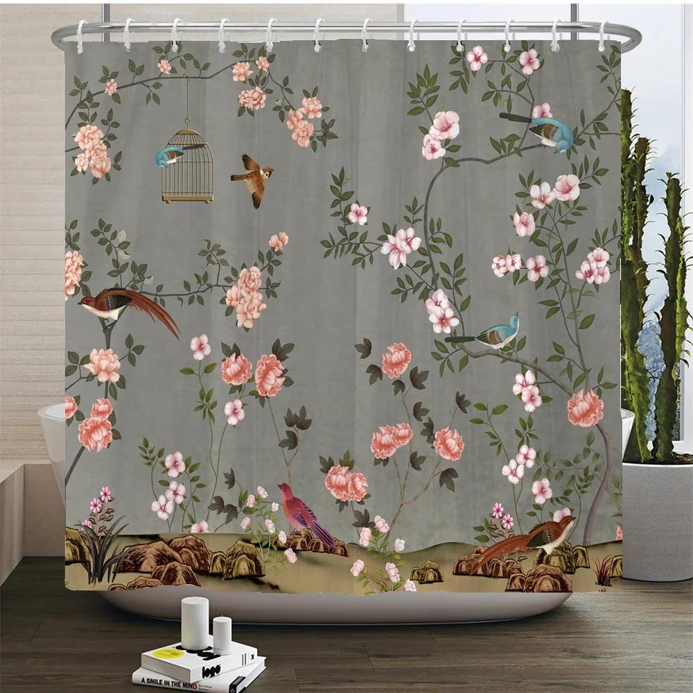 Plant Flowers and Birds Shower Curtain 180x180cm Floral Printed Shower Curtain Polyester Bath Curtain Bathroom Decor With Hooks