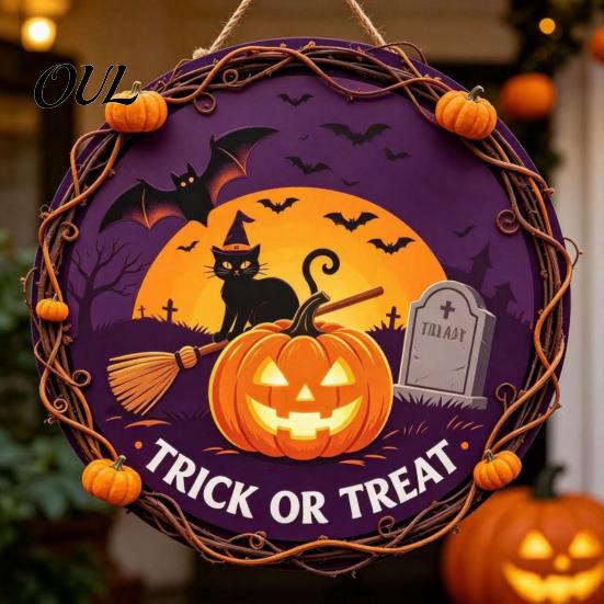 Ghost Wall Ornament Vintage Wooden Halloween Welcome Door Hanger, Pumpkin Skull Witch Farmhouse Hanger Sign, Hanging Decor for Front Porch Decoration