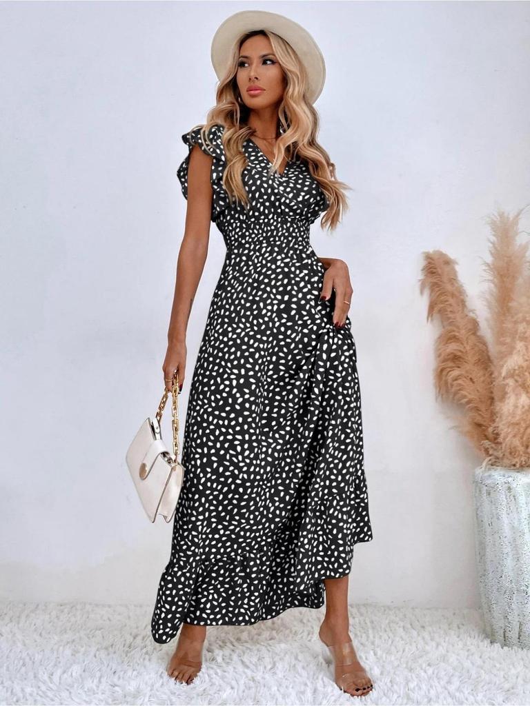 V-Ausschnitt Bedrucktes Kleid Taillenbetont Langer Rock mit Rüschenkante Elegantes Kleid für Damen Ärmellos Lockere Kleider Freizeitkleid