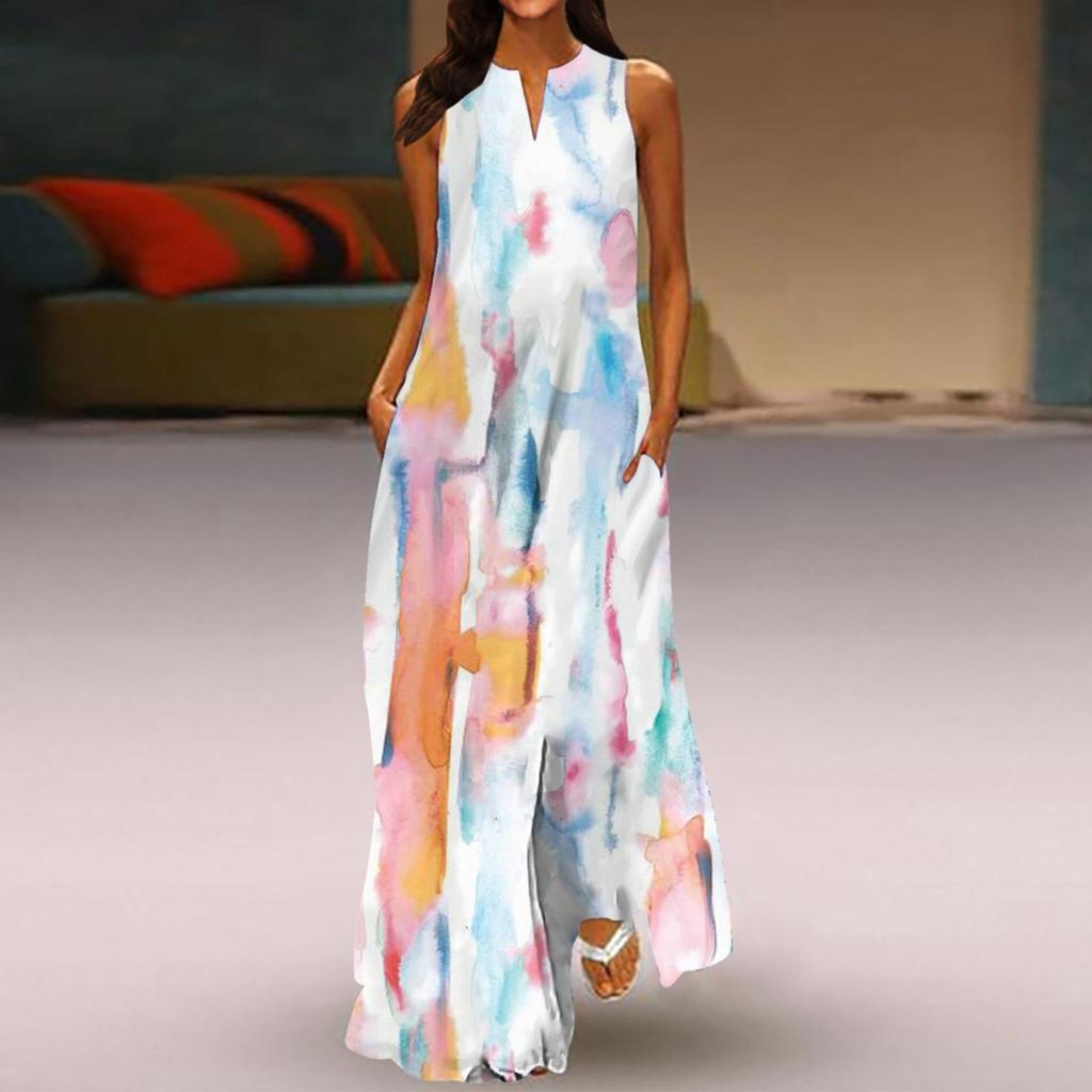 Vestido largo sin mangas con estampado en color y cuello en V clásico a la moda de primavera y verano para mujer