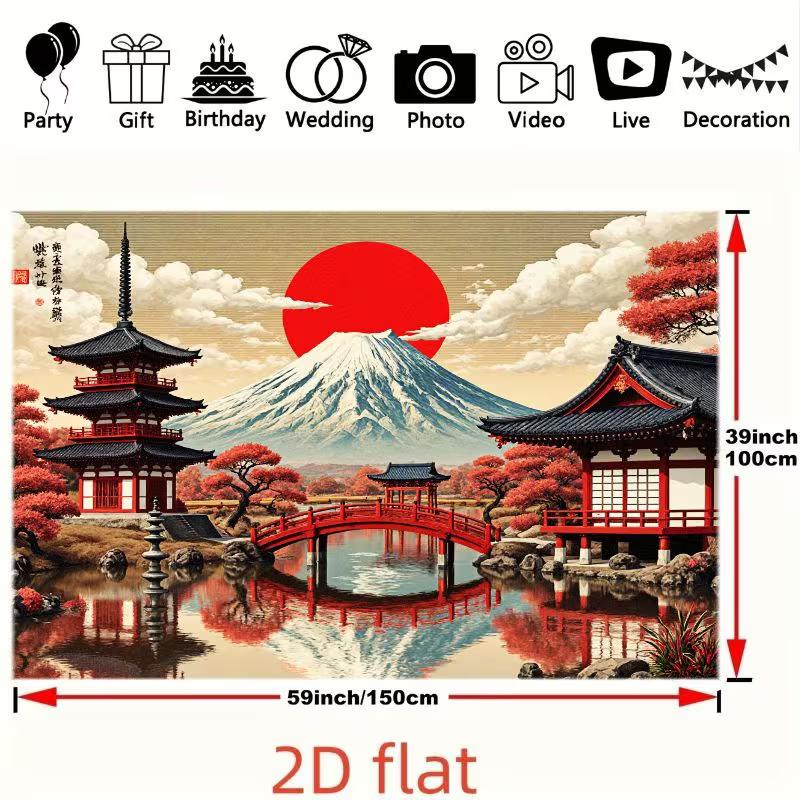 2D Mount Fuji Backdrop, Japanese Temple & Red Bridge Photography Background for Party Decor