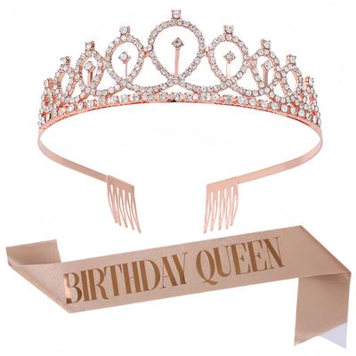 Birthday Crown Sash, Gold Crystal Tiara for Birthday Parties, Suitable for Women and Children (Rose Gold BIRTHDAY QUEEN)