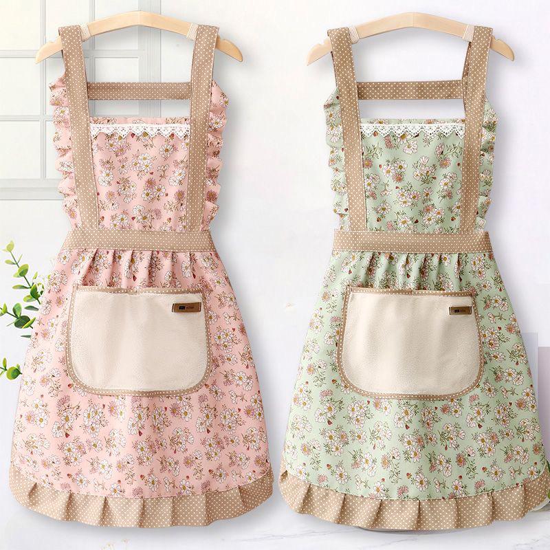 1PC Female Lovely Floral Canvas Apron Kitchen Oilproof Anti Fouling Cooking Apron with Pocket Adjustable Workwear Apron