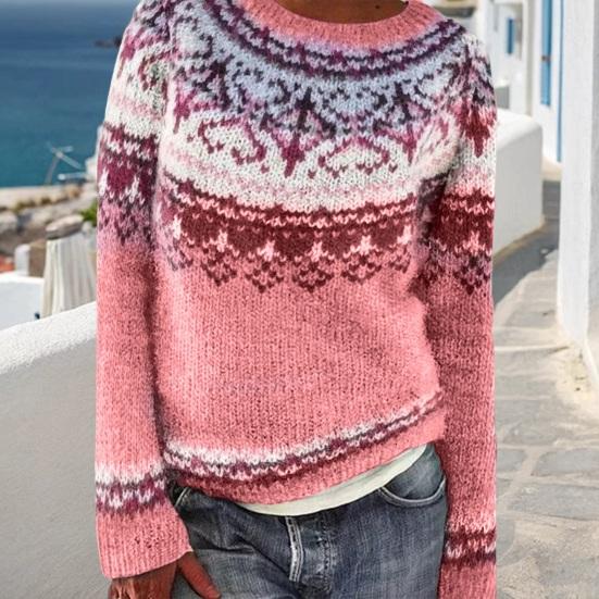 Women Sweater Round Neck Long Sleeve Patchwork Color Knitting Tops Loose Hem Printed Knitwear
