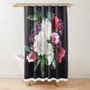 Cortina de ducha con diseño floral, color rosa oscuro, negro, rojo, verde, hojas, flores coloridas, mariposas, cortinas góticas para baño, decoración vintage para baño